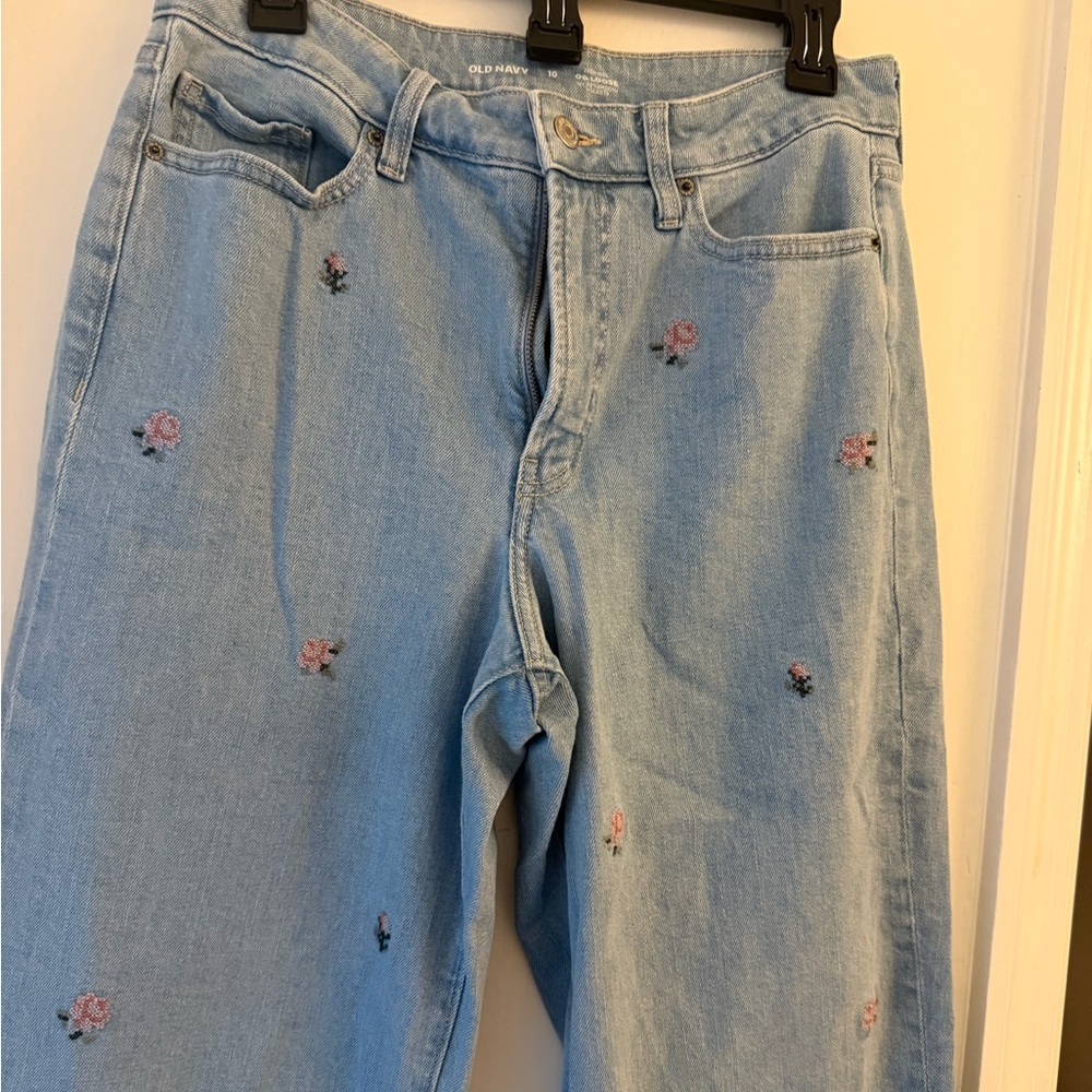 Old Navy Light Blue Straight Leg Jeans with Pink Embroidery